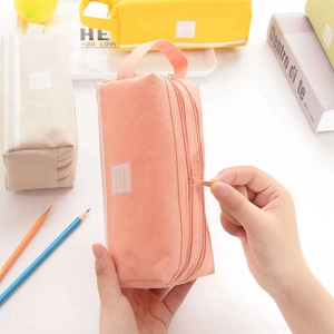 Pink double-layer oxford cloth pencil case with handle and sunshine text label