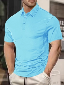 Close-up of sky blue men's polo shirt featuring casual turn-down collar and textured fabric