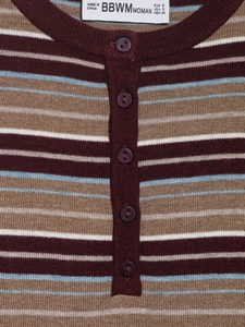 Close-up of the striped knit cardigan neck detail with buttons and brand label