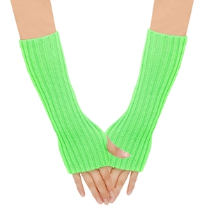Detailed close-up of neon green knitted arm warmers with ribbed texture and fingerless design