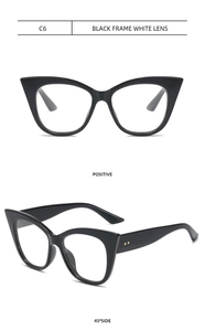 Macro detail of model C6 black cat-eye eyeglass frame with clear lenses from multiple angles