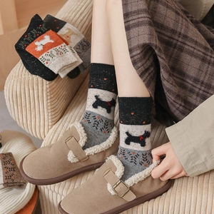 Vintage Fair Isle puppy wool socks, thick warm mid-calf knitted crew socks for winter