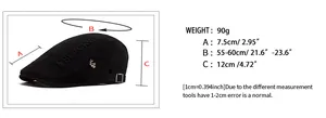 Detailed size chart for cotton flat cap showing weight, brim length, and head circumference
