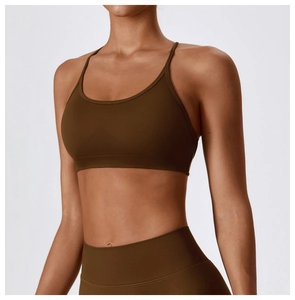 Detail of olive green seamless sports bra with ribbed hem and high elasticity fabric