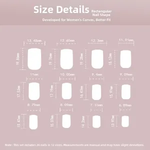 Size chart showing twelve dimensions of long square press-on nails with width and length data