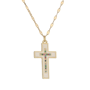Classic gold cross necklace with white enamel and colorful zircons on white background