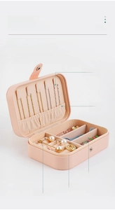 Pink portable jewelry box detailing necklace hooks, ring slots and storage dividers