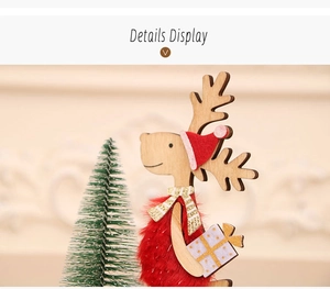 Close-up of red and natural wooden reindeer ornament with soft plush and wire details