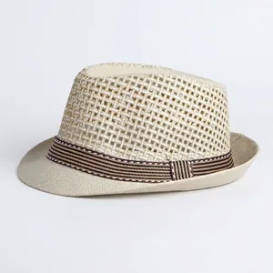 Cappello fedora classico in paglia intrecciata crema con nastro a righe parasole