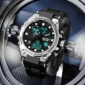 Digital sport watch for men with dual display, silver bezel and waterproof features
