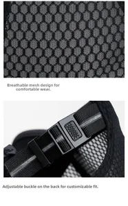 Details von atmungsaktivem Mesh-Gewebe und verstellbarem Kunststoffschnallenverschluss