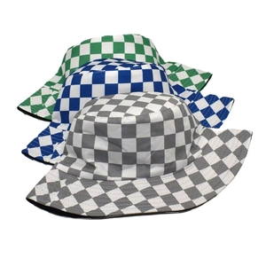 Checkerboard pattern cotton bucket hats in green, blue, and grey for outdoor sun protection