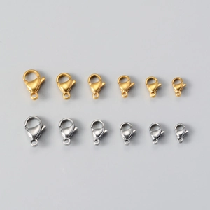 Polished stainless steel lobster clasps in gold and silver colors with six size options