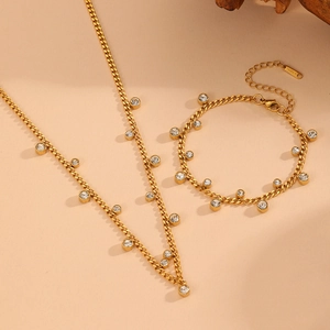 Gold cuban link jewelry set featuring irregular zircon pendants and stainless steel chain