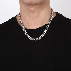 Classic silver titanium steel Cuban chain necklace on male model with lobster clasp