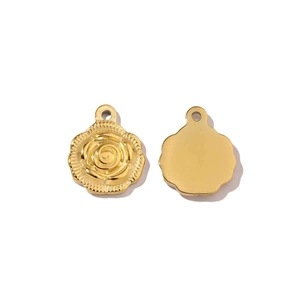 Polished gold stainless steel charms showing embossed rose design and smooth back side