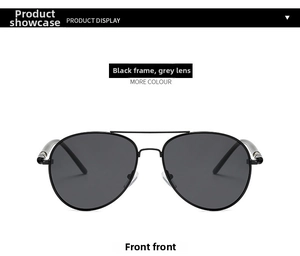 Front view of aviator polarized sunglasses with black metal frame and grey lenses