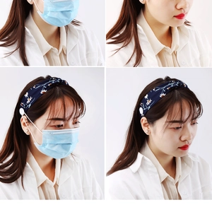 Detail of floral chiffon headband with side buttons for mask ear protection