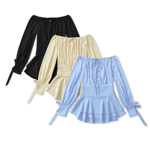 Robe Courte À Épaules Dénudées Manches Longues Lanterne Polyester Couleur Unie Taille Froncée Ourlet À Volants Élégante Femmes