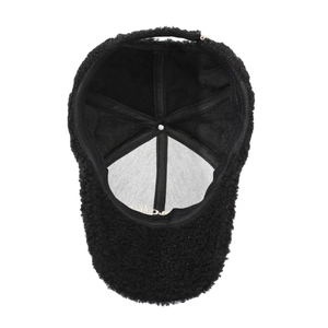 Winter fluffy faux fur baseball cap in black showing detailed inner lining and structure