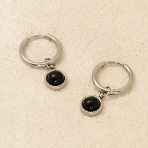 Créoles en acier inoxydable argenté avec pendentifs ronds en pierre naturelle noire