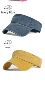 Vista dettagliata delle visiere parasole in cotone lavato blu navy e giallo con tesa