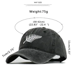 Detailed size chart for vintage washed charcoal baseball cap with leaf embroidery