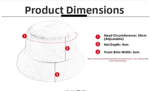 Size chart showing 58cm head circumference, 8cm depth and 6cm brim for sun hat