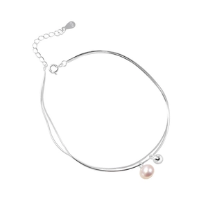 Minimalist double-layered s925 silver bracelet with pink freshwater pearl and metal ball