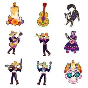 Collection of nine Day of the Dead stickers featuring colorful skeletons and instruments