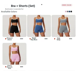 Detail showing high-waist yoga set with contrast piping in four athletic colors