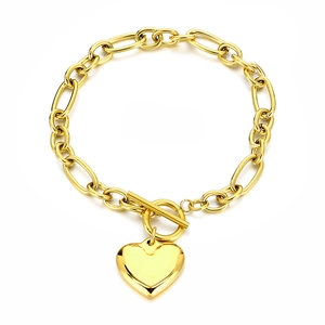 Golden titanium steel link chain bracelet with heart pendant and OT toggle clasp