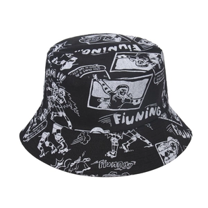 Unisex black canvas bucket hat with white Japanese manga character and comic prints