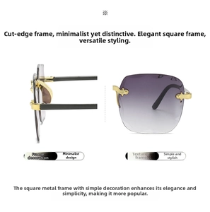 Detail view of purple gradient frameless square sunglasses with gold metal hinges