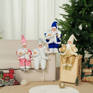 Four 12-inch sitting Santa Claus dolls in pink, silver, blue, and gold festive outfits