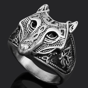 Macro view of Nordic Viking wolf head ring with vintage silver finish and detailed relief