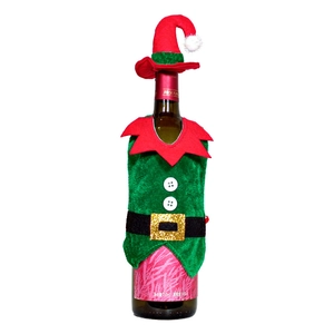 Elf style Christmas wine bottle cover set with green vest and red knit hat