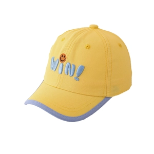 Bright yellow cotton baseball cap for kids with blue WIN! text and orange smiley face