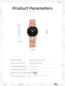 Dettagli orologio al quarzo M1142 con cinturino a maglia oro rosa e quadrante nero