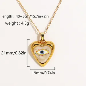 Detailed specs of heart evil eye necklace with 40+5cm chain length and 21mm pendant size