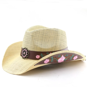 Straw western cowboy hat with floral rose embroidery and brown leather band