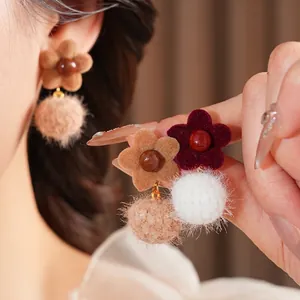 Retro velvet flower earrings with plush fur balls and pearls in multiple colors