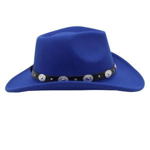 Detail of royal blue felt cowboy hat with black leather band and silver metal studs