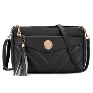 Black PU leather crossbody bag for women, multi-layer shoulder bag with tassel decor.