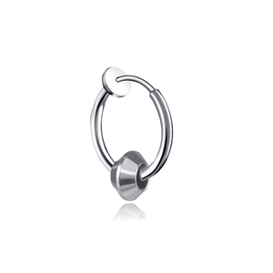 Polished silver ear cuff featuring a sliding double-cone bead on a minimalist metal ring