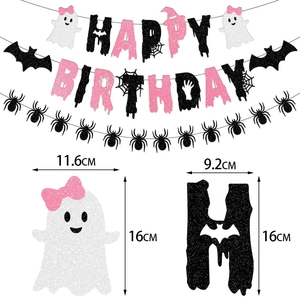 Pink and black glitter Halloween Happy Birthday banner with ghosts and bats decor