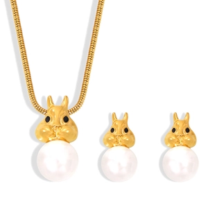 Gold bunny jewelry set with pearl pendants and snake chain necklace for women