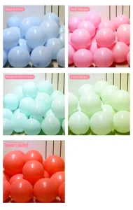 Detail showing five colors of macaron latex balloons including blue, pink, and green