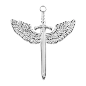 Detailed close-up of a silver winged sword pendant made of durable 304 stainless steel