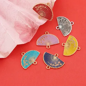 Zinc Alloy Enamel Folding Fan Charms Chinese Style Plum Blossom Double Hole Pendant Connectors DIY Jewelry Making